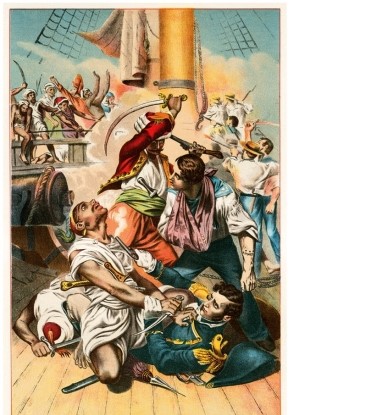 In the painting  Saving the Life of Commodore Decatur,  which of the following indicates that the Tripolitan soldiers were different from the Americans?   A)  Their clothing and weapons B)  Their age and gender C)  Their physical size and stature D)  Their complexions