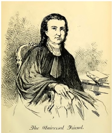 In this image,why was Jemima Wilkinson portrayed in a shapeless robe and with swept-back,curled hair?   A)  To convey that she was a person with no gender B)  To signify that she was wealthy C)  Because those styles were popular among women at that time D)  To make her appear very feminine