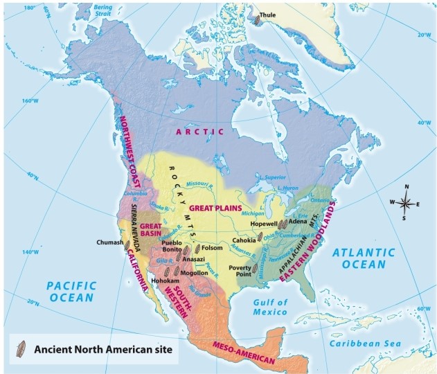 According to Map 1.2: Native North American Cultures,what was among the most important factors in setting boundaries between ancient cultures?   A)  Different environmental features B)  Distinct political systems C)  Distinct language systems D)  Different religions