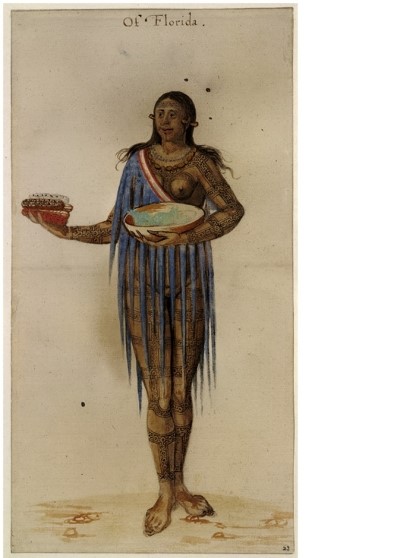 What can be inferred from the drawing  Florida Woman ?   A)  That Florida had unique crops not found in other parts of America B)  That Native American women were more associated with food practices than their male counterparts C)  That corn was a major contribution of Native Americans to the rest of the world D)  That native people had many varied ways of preparing corn