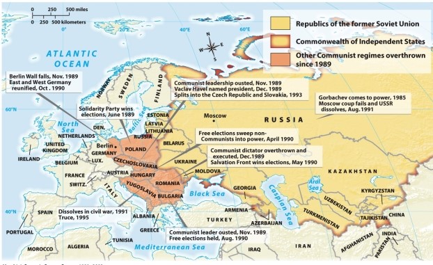 According to Map 31.1: Events in Eastern Europe,1989-2002,which countries were formerly held by Communist regimes?   A)  Poland,Armenia,Estonia B)  Romania,Georgia,Latvia C)  Poland,Romania,Bulgaria D)  Italy,Belarus,Hungary