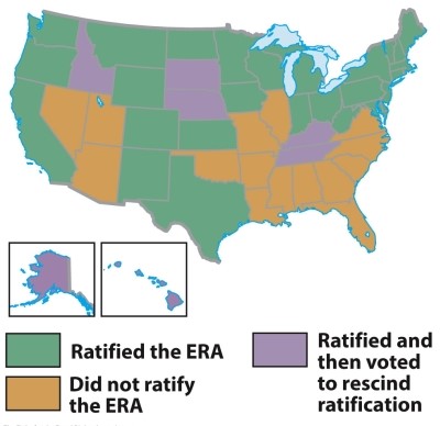 According to the map titled  The Fight for the Equal Rights Amendment,  states in what region were least likely to ratify the Equal Rights Amendment?   A)  The Pacific Northwest B)  The Deep South C)  The Midwest D)  New England