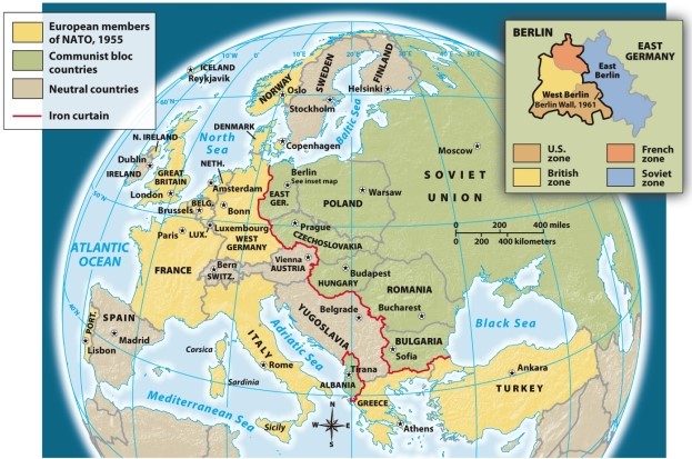 According to Map 26.1: The Division of Europe after World War II,which country was part of the Communist bloc?   A)  Norway B)  Turkey C)  Yugoslavia D)  Hungary