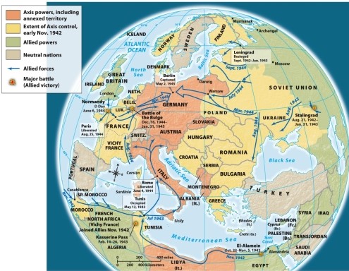 According to Map 25.4: The European Theater of World War II,1942-1945,which country was neither an Axis power nor under Axis control during World War II?   A)  Libya B)  Slovakia C)  Finland D)  Egypt