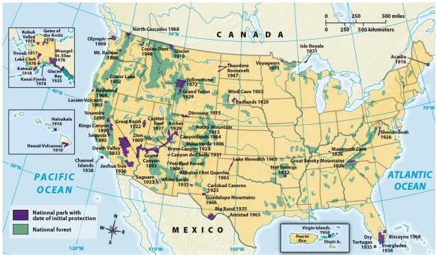 According to Map 21.1: National Parks and Forests,which of the following was the most recently established national park or forest?   A)  Guadalupe Mountains B)  Bryce Canyon C)  Redwood National Park D)  Yellowstone National Park