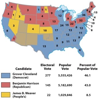 According to Map 20.1: The Election of 1892,which of the following was true of the election of 1892?   A)  A majority of the public voted for the People's Party candidate. B)  Most of the southern states voted for the Democratic candidate. C)  Most of the southern states voted for the Republican candidate. D)  Most states were evenly split between the Democratic and Republican candidates.