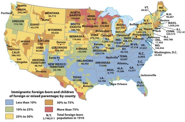 <strong>According to Map 19.2: The Impact of Immigration,to 1910,which region had the highest percentage of immigrants in ca.1910?  </strong> A) West Coast B) East Coast C) South D) The border states <div style=padding-top: 35px> 