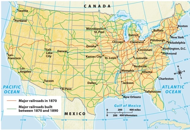 According to Map 18.1: Railroad Expansion,1870-1890,which of the following statements is true?   A)  Most major railroads along the East Coast were built before 1870. B)  Most major railroads converged in Salt Lake City. C)  Most major railroads along the West Coast were built before 1870. D)  Most major railroads converged in Dallas.