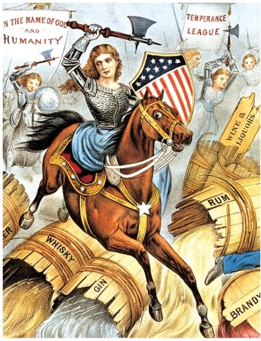 What is the woman warrior crusading for in the political cartoon titled  Woman's Holy War ?   A)  Women's suffrage B)  Legalized interracial marriage C)  Equal pay D)  Temperance