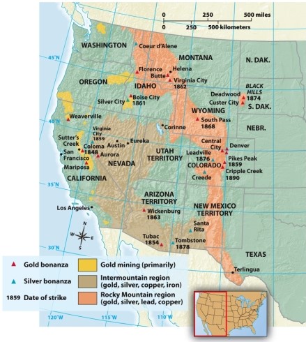 According to Map 17.2: Western Mining,1848-1890,in which state did the most  gold bonanzas  occur?   A)  California B)  Arizona C)  South Dakota D)  Colorado