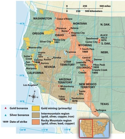 According to Map 17.2: Western Mining,1848-1890,in which state was lead available?   A)  California B)  Nevada C)  Wyoming D)  Oregon
