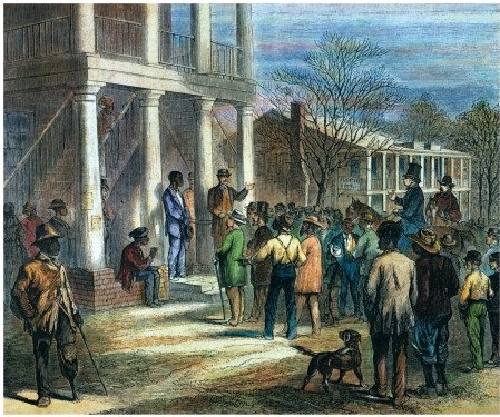 The 1868 drawing Selling a Freeman to Pay His Fine at Monticello,Florida,equated the newly instated black codes to what?   A)  Reenslavement B)  The enfranchisement of women C)  The establishment of a government dominated by blacks D)  The rehabilitation of the southern economy