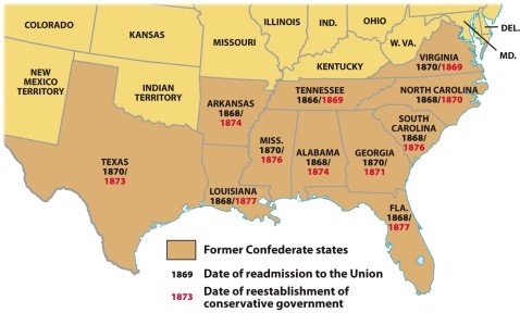 According to Map 16.3: The Reconstruction of the South,which former Confederate state was first to be readmitted to the Union?   A)  Florida B)  Georgia C)  Virginia D)  Tennessee