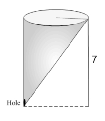 A conical tank filled with water has a height of 7 m and a top radius of 2 m. Water leaks through a hole of area   at the bottom.  A) Find the water level   at time   .  B) How long does it takes for the tank to empty?  