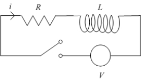 Consider the   circuit shown in the following figure.   At   the switch is closed and the current passes through the circuit. The constant voltage   is the sum of the voltage   across the resistor and the voltage   across the inductor.  A) Set up an initial value problem satisfied by   .  B) Solve for the current   .  C) What is the current after a long time?