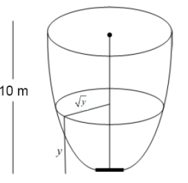 The horizontal cross sections at height   of a tank are discs of radius   . The height of the tank is 10 m. The tank is filled with water, and the water drains through a square hole with a side of 10 cm at the bottom of the tank. How long does it take for the tank to empty?  