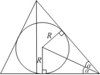 Find the angles of the isosceles triangle of minimum area in which a circle of radius   is inscribed. What are the sides of this triangle? (You don't have to prove that the area is a minimum.)  