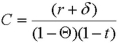 Assume that the user cost of capital (C)is simply   where r is the after tax rate of return,δ is the depreciation rate,Θ is the corporate tax rate and,r is the individual tax rate.Now assume further that the after-tax rate of return is 10 percent and the economic depreciation rate is 2 percent.The firm faces corporate taxes of 35 percent with an individual tax rate of 25 percent.What is the user cost of capital in this case? <div style=padding-top: 35px> 