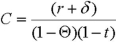 Assume that the user cost of capital (C)is simply   where r is the after tax rate of return,δ is the depreciation rate,Θ is the corporate tax rate and,r is the individual tax rate.Now assume further that the after-tax rate of return is 10 percent and the economic depreciation rate is 2 percent.The firm faces corporate taxes of 35 percent with an individual tax rate of 25 percent.Suppose that we now know that the present value of depreciation allowances is 0.20.In addition,there is an investment tax credit of 0.10.What effect does this new information have on the user cost of capital?<div style=padding-top: 35px> 
