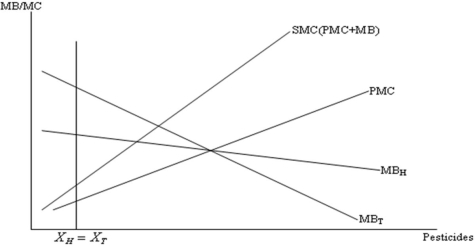 Consider the case of two farmers,Tony and Hakim,depicted in the following figure.Both use DDT (a chemical pesticide)for their crops.The use of DDT causes an externality for swimmers down river from the farms. (a)Show the amount of pesticides used if each uses the privately optimal level of pesticides. (b)Show the amount of pesticides used if they are socially concerned. (c)Why is a reduction back to X<sub>H</sub> = H<sub>T</sub> not socially desired?   