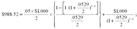 <strong>Moonhigh,Inc.has a 5%,semiannual coupon bond with a current market price of $988.52.The bond has a par value of $1,000 and a yield to maturity of 5.29%.How many years is it until this bond matures?</strong> A)4.0 years B)4.5 years C)6.5 years D)8.0 years E)9.0 years     <div style=padding-top: 35px> 