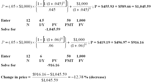 <strong>A 12-year,5% coupon bond pays interest annually.The bond has a face value of $1,000.What is the change in the price of this bond if the market yield rises to 6% from the current yield of 4.5%?</strong> A)11.11% decrease B)12.38% decrease C)12.38% increase D)14.13% decrease E)14.13% increase