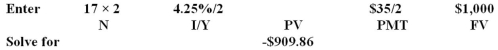 A Treasury bond matures in 17 years,pays interest semiannually,and carries a coupon rate of 3.5 percent.How much are you willing to pay for a $1,000 face value bond if you desire a rate of return of 4.25 percent? A) $701.67 B) $909.86 C) $554.64 D) $946.96 E) $1,330.50  