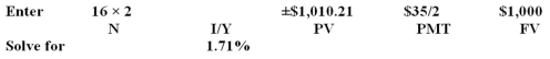 A $1,000 face value Treasury bond matures in 16 years,pays interest semiannually,and has a market quote of 101.0210.The coupon rate is 3.5 percent,the current yield is ___ percent,and the yield to maturity is ____ percent. A) 3.46;3.42 B) 3.46;3.39 C) 3.50;3.58 D) 3.54;3.62 E) 3.54;3.59  