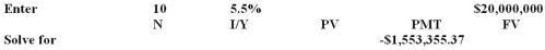 <strong>Westover Ridge has a management contract with its president that requires a lump sum payment of $20 million to be paid upon the completion of the president's first ten years of service.The company can earn 5.5 percent on its investments and wants to set aside an equal amount of money each year over the next ten years to fund this obligation.How much money must the firm save each year?</strong> A)$1,895,734.60 B)$1,398,346.17 C)$1,401,033.67 D)$1,553,355.37 E)$1,848,018.22   <div style=padding-top: 35px> 