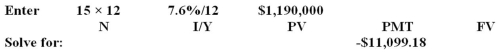 <strong>Wings and More purchased a piece of property for $1.4 million.It paid a down payment of 15 percent in cash and financed the balance.The loan terms require monthly payments for 15 years at an annual percentage rate of 7.60 percent,compounded monthly.What is the amount of each mortgage payment?</strong> A)$12,440.01 B)$11,029.33 C)$10,236.25 D)$10,799.18 E)$11,099.18   <div style=padding-top: 35px> 
