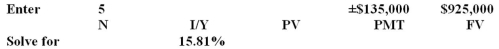 Rose Stores has been investing $135,000 a year for the past 5 years into a business venture.Today,that venture was sold for $925,000.What rate of return was earned on this investment? A) 12.43% B) 14.06% C) 15.59% D) 15.67% E) 15.81%
