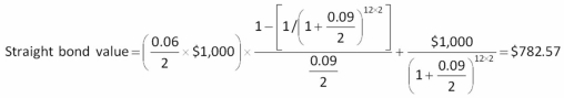   -Kurt owns a convertible bond that matures in three years.The bond has an 8 percent coupon and pays interest semi-annually.The face value of the bond is $1,000 and the conversion price is $25.Similar bonds have a market return of 9.25 percent.The current price of the stock is $26.50 per share.What is the straight bond value? A)  $948.20 B)  $967.89 C)  $972.80 D)  $987.78 E)  $991.15
