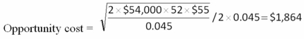 <strong> Rosie O'Grady's spends $115,000 a week to pay bills and maintains a lower cash balance limit of $95,000.The standard deviation of the disbursements is $14,600.The applicable interest rate is 4.8 percent and the fixed cost of transferring funds is $50.What is this firm's total cost of holding cash based on the BAT model?</strong> A) $1,431 B) $2,862 C) $3,034 D) $4,912 E) $5,358