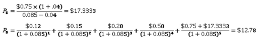   -Crystal Glass recently paid $3.60 as an annual dividend.Future dividends are projected at $3.80,$4.10,and $4.25 over the next 3 years,respectively.Beginning 4 years from now,the dividend is expected to increase by 3.25 percent annually.What is one share of this stock worth to you if you require a 12.5 percent rate of return on similar investments? A)  $42.92 B)  $43.40 C)  $45.12 D)  $45.88 E)  $46.50