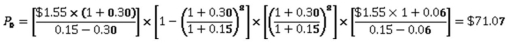   -Harvey County Choppers,Inc.is experiencing rapid growth.The company expects dividends to grow at 25 percent per year for the next 7 years before leveling off to 7 percent into perpetuity.The required return on the stock is 12 percent.What is the current stock price if the annual dividend share that was just paid was $1.05? A)  $60.15 B)  $64.36 C)  $67.37 D)  $72.11 E)  $75.19