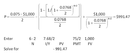   -Roadside Markets has a 6.75 percent coupon bond outstanding that matures in 10.5 years.The bond pays interest semiannually.What is the market price per bond if the face value is $1,000 and the yield to maturity is 7.2 percent? A)  $899.80 B)  $899.85 C)  $903.42 D)  $967.24 E)  $1,007.52