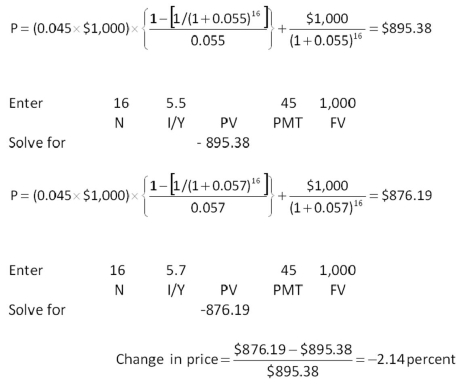   -The Corner Grocer has a 7-year,6 percent annual coupon bond outstanding with a $1,000 par value.The bond has a yield to maturity of 5.5 percent.Which one of the following statements is correct if the market yield suddenly increases to 7 percent? A)  The bond price will increase by $57.14. B)  The bond price will increase by 5.29 percent. C)  The bond price will decrease by $53.62. D)  The bond price will decrease by 8 percent. E)  The bond price will decrease by 8.36 percent.