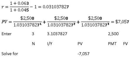   -You purchased an investment which will pay you $8,000,in real dollars,a year for the next three years.Each payment will be received at the end of the period with the first payment occurring one year from today.The nominal discount rate is 7.5 percent and the inflation rate is 2.9 percent.What is the present value of these payments? A)  $21,720 B)  $22,004 C)  $22,511 D)  $23,406 E)  $23,529