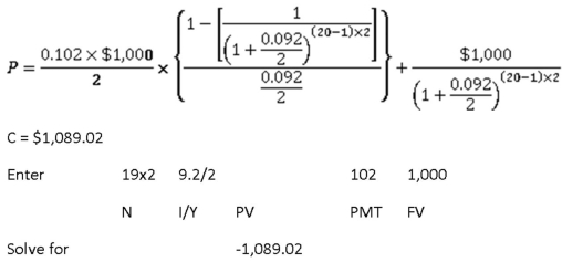   -Soo Lee Imports issued 17-year bonds 2 years ago at a coupon rate of 10.3 percent.The bonds make semiannual payments.These bonds currently sell for 102 percent of par value.What is the yield-to-maturity? A)  9.98 percent B)  10.04 percent C)  10.13 percent D)  10.27 percent E)  10.42 percent
