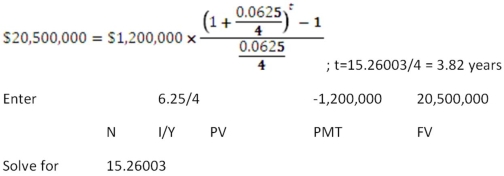 <strong> Today,you are retiring.You have a total of $411,016 in your retirement savings and have the funds invested such that you expect to earn an average of 7.10 percent,compounded monthly,on this money throughout your retirement years.You want to withdraw $2,500 at the beginning of every month,starting today.How long will it be until you run out of money?</strong> A) 31.97 years B) 34.56 years C) 42.03 year D) 48.19 years E) You will never run out of money.