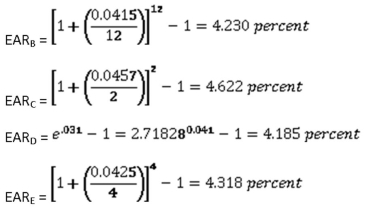   -What is the effective annual rate of 14.9 percent compounded continuously? A)  15.59 percent B)  15.62 percent C)  15.69 percent D)  15.84 percent E)  16.07 percent