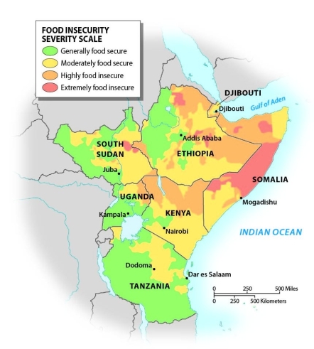 Looking at Figure 6.14,which of the following countries has the least food security?   A)  Tanzania B)  Uganda C)  Somalia D)  Kenya E)  South Sudan