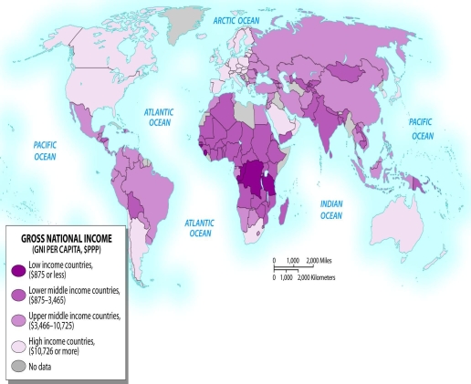   Examine the figure above showing World GNI per capita. What patterns do you see? How might this relate to the core-periphery relationship?