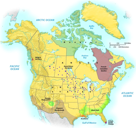 Two cultural regions in North America have a French heritage. Which ones are they?   A)  Quebec and the Hispanic Borderlands B)  Quebec and Acadiana C)  Quebec and the Rural Ethnic European region D)  Quebec and Nunavut E)  Quebec and Cuban South Florida