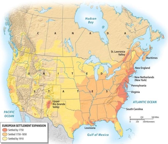 Write an essay in which you first discuss the three main stages of settlement of North America and then discussion of migration patterns within the United States.   