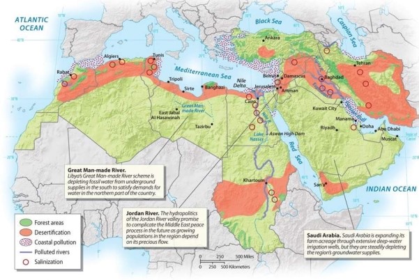Which of the following is NOT one of the environmental problems facing North Africa/Southwest Asia?   A)  deforestation B)  hurricanes C)  overgrazing D)  salinization E)  water shortages