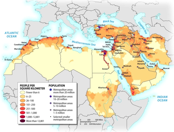 What is the dominant factor in the location of the population settlements in North Africa and Southwest Asia?   A)  water B)  rugged terrain C)  temperatures D)  oil E)  government policies