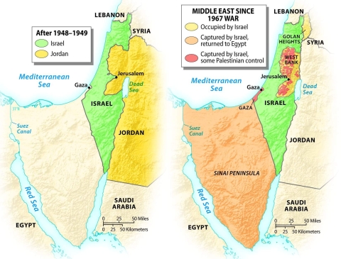 When did Israel win the most territory through war?     A)  1949 B)  1956 C)  1967 D)  1973 E)  1990