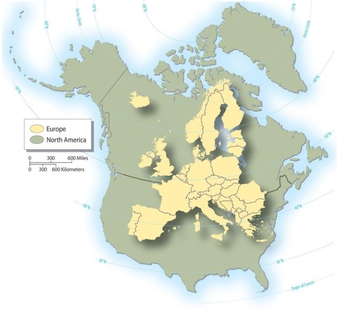 How does Europe compare in size (area) to the United States?   A)  It is roughly two-thirds of the United States. B)  It is about the size of the state of Texas. C)  It is the same size as the United States. D)  It is equal in size to the continental United States plus Alaska and Hawaii. E)  It is the largest continent on the planet, far larger than the United States.