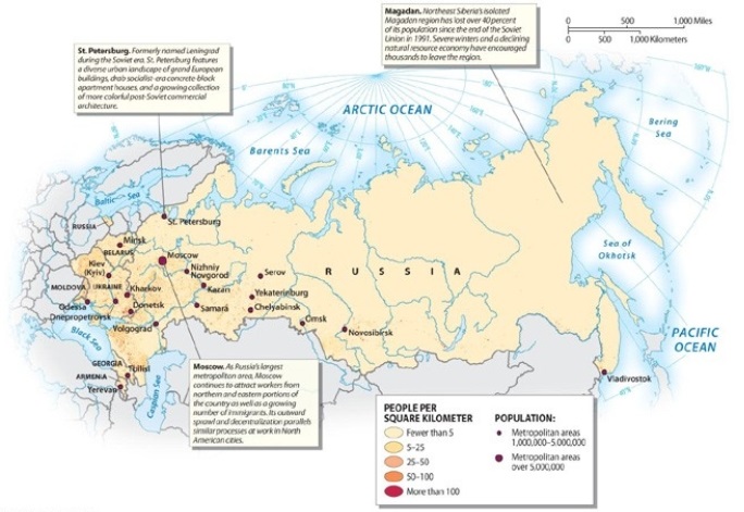 The highest population densities in the Russian Domain are found in which part of the region?   A)  the southeastern part of the region B)  the eastern-most part of the region C)  Siberia D)  the western-most part of the region E)  the coastal areas around the Sea of Okhotsk